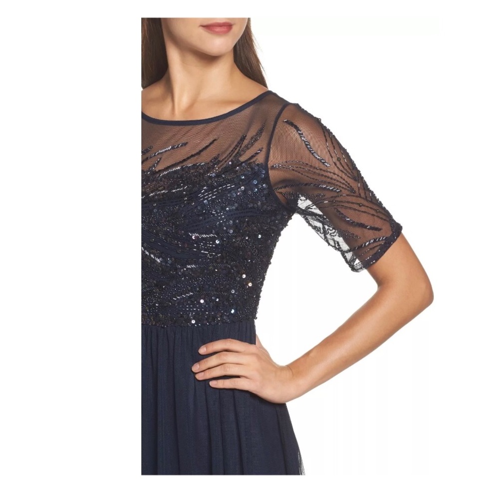 NEW Adrianna Papell Beaded Bodice Mesh Gown Blue - Picture 3 of 8